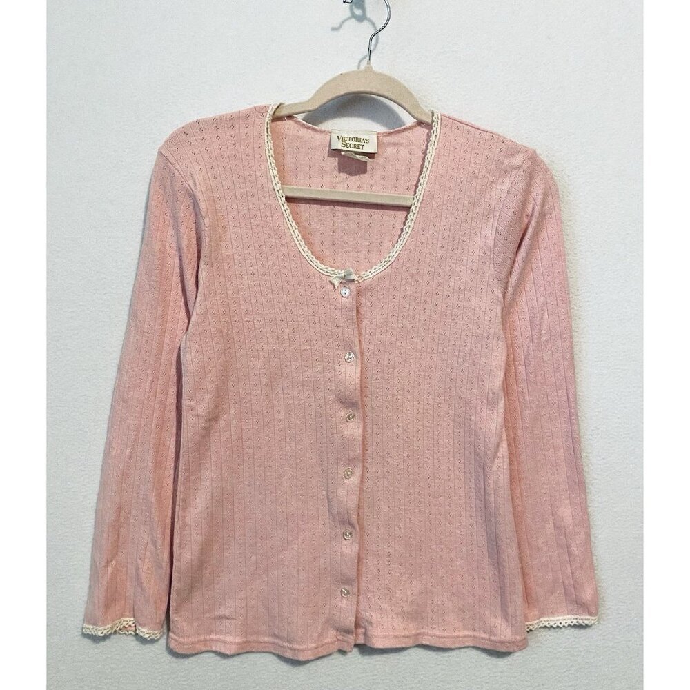 Victorias Secret Knit Cardigan Womens Medium Pink Pointelle Cottagecore Feminine